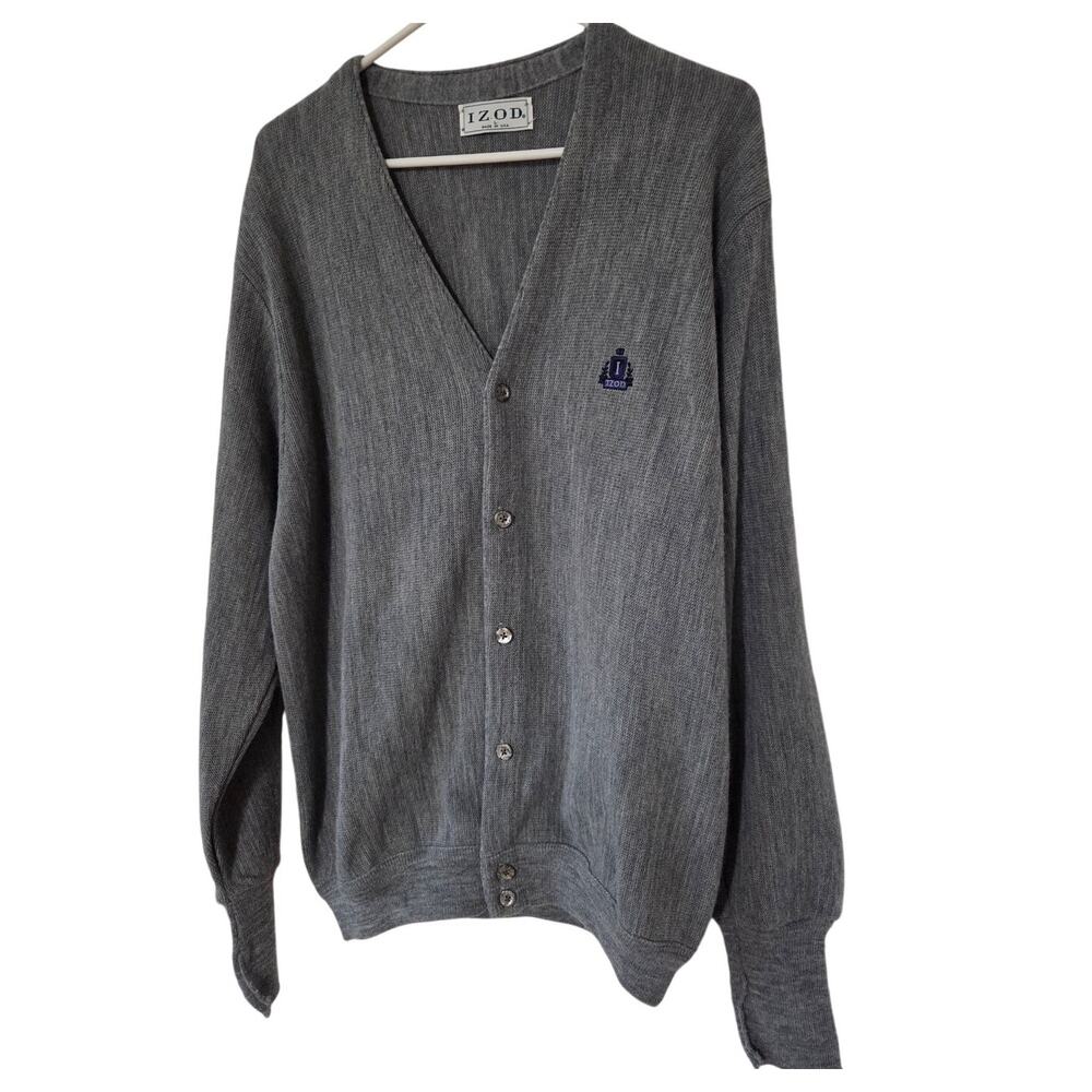Vtg Izod Large Cardigan Sweater Gray Tennis Varsity Preppy Embroidered Shield